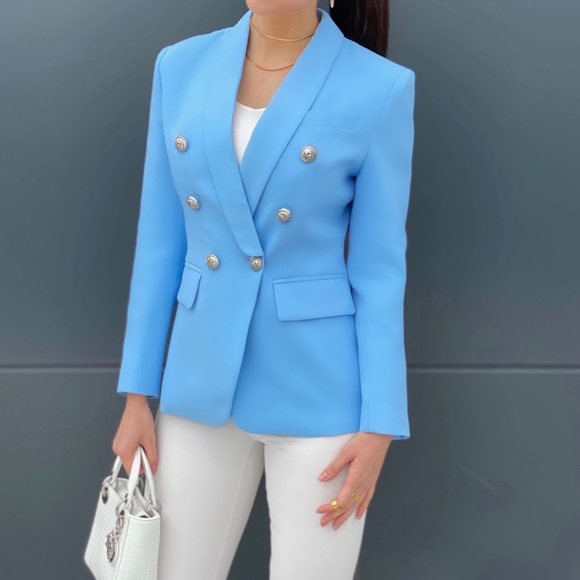 New! Blue Double Breasted Blazer long sleeves - Picture 1 of 8